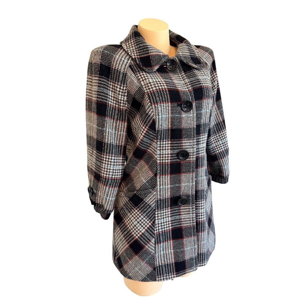 Guess Jeans Plaid Wool Blend Coat Womens L Black White Red Preppy Academia - Picture 4 of 16